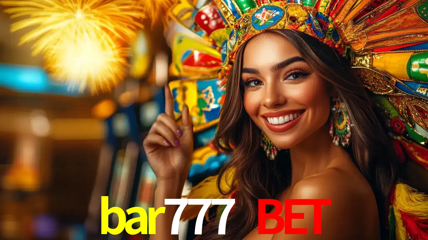 Mulher sorridente com um cocar de carnaval vibrante e colorido, celebrando uma grande vitória nos jogos do cassino bar777 bet com fogos de artifício ao fundo.