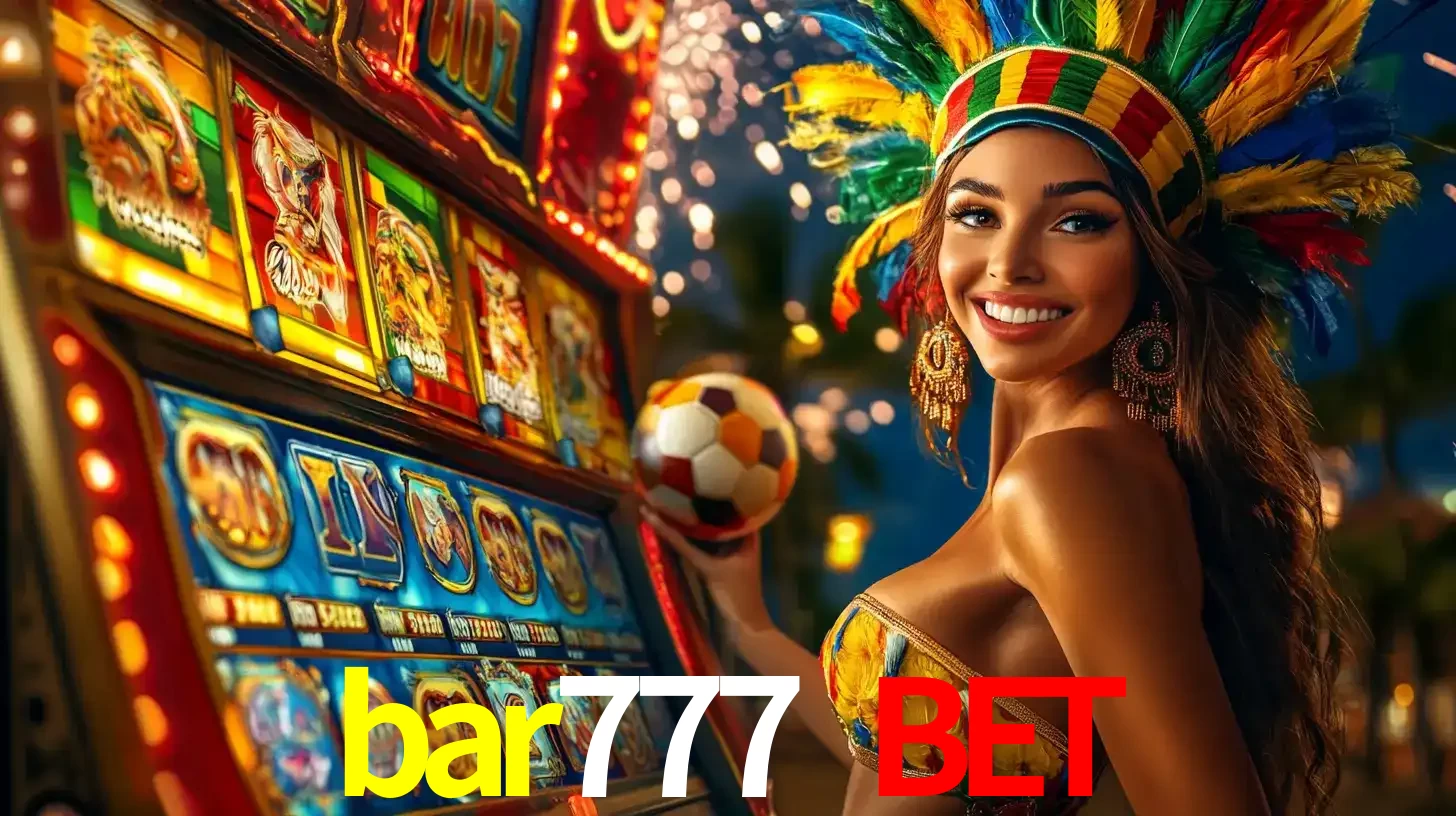 Mulher com um cocar de carnaval ao lado de uma máquina de caça-níqueis enquanto segura uma bola de futebol, mostrando a união da diversão de cassino e esportes no bar777 bet.