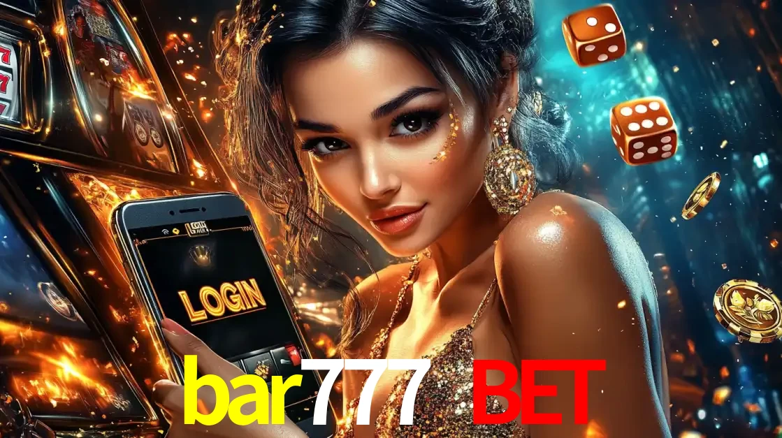 Mulher glamourosa segurando um celular com a tela de login do cassino bar777 bet, rodeada por dados e moedas douradas, pronta para começar a diversão.