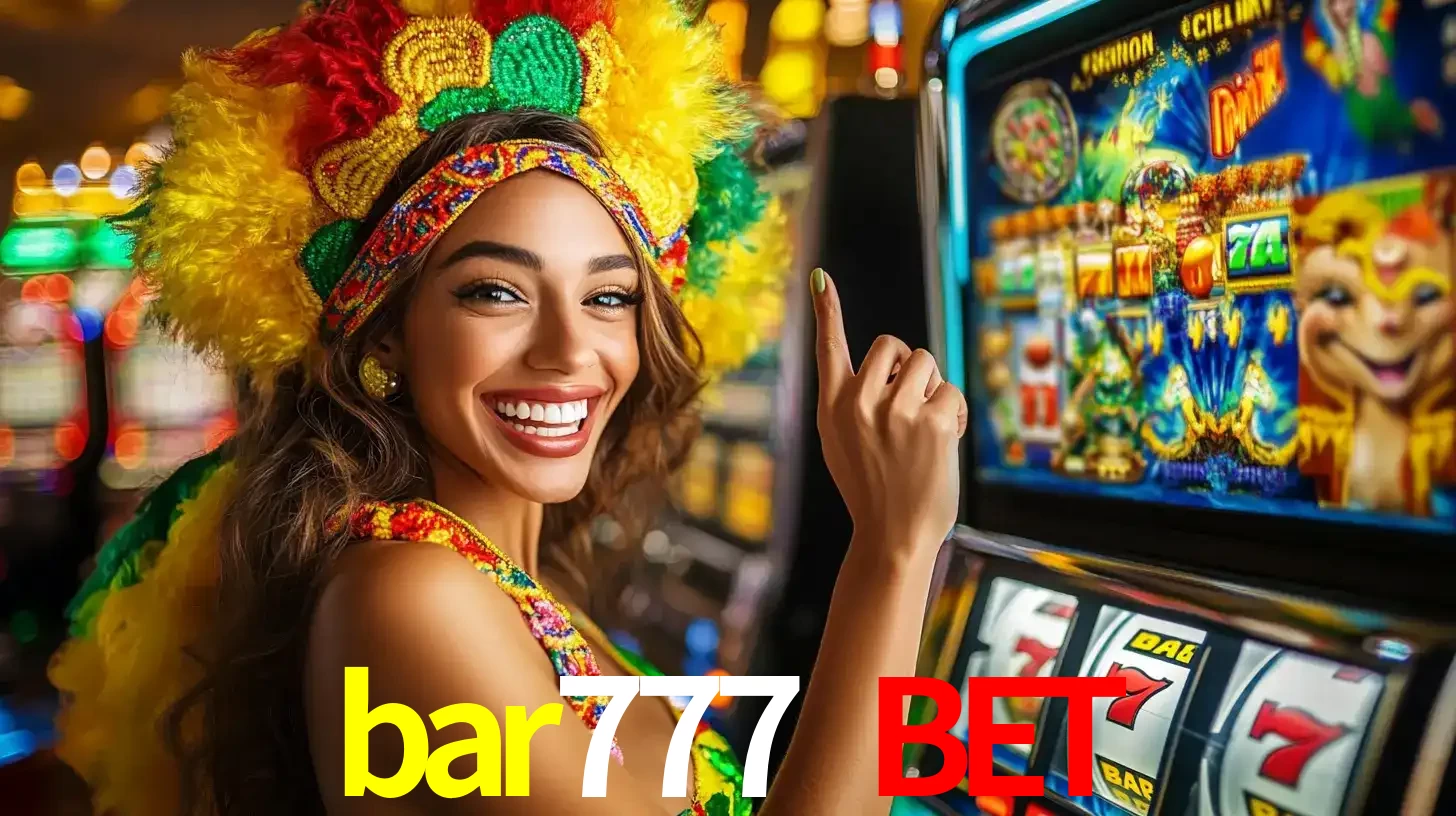 Mulher animada com um cocar de carnaval apontando para uma máquina de caça-níqueis, mostrando a emoção de ganhar um grande prêmio nos jogos do bar777 bet.