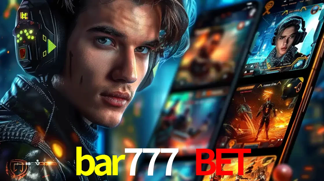 Jovem jogador com fones de ouvido olhando para a câmera, com um aplicativo de jogos e e-sports para celular ao fundo, pronto para a competição e apostas no bar777 bet.