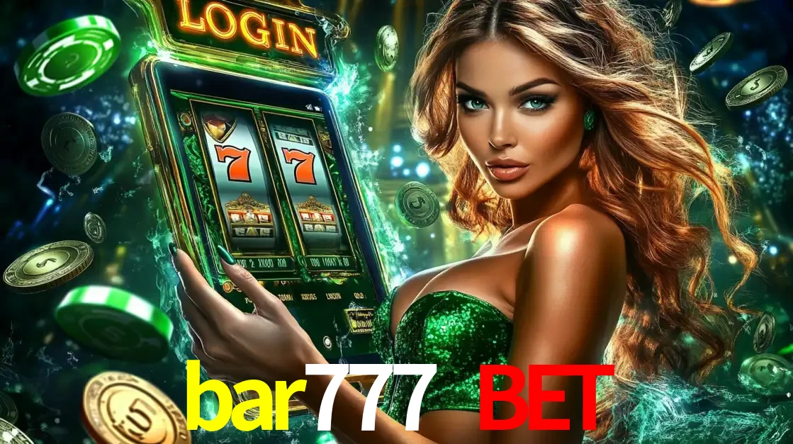 Mulher com tema verde apresentando o aplicativo do cassino bar777 bet com um jogo de slot de 777, cercada por fichas de cassino e uma aura de sorte.