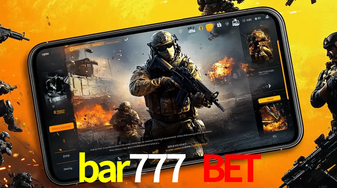 Um smartphone exibindo a interface de um jogo de tiro em primeira pessoa, com um soldado em um cenário de batalha, representando a ação dos e-sports para apostar no bar777 bet.