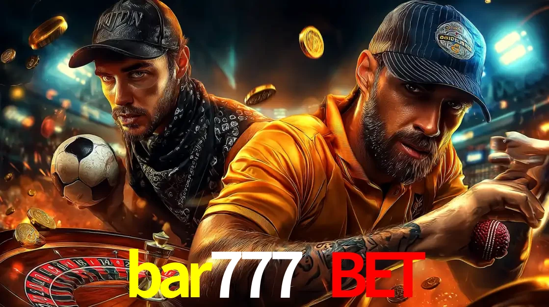 Montagem de apostas esportivas e cassino no bar777 bet, com um homem segurando uma bola de futebol e outro uma de beisebol sobre uma roleta e moedas voadoras.