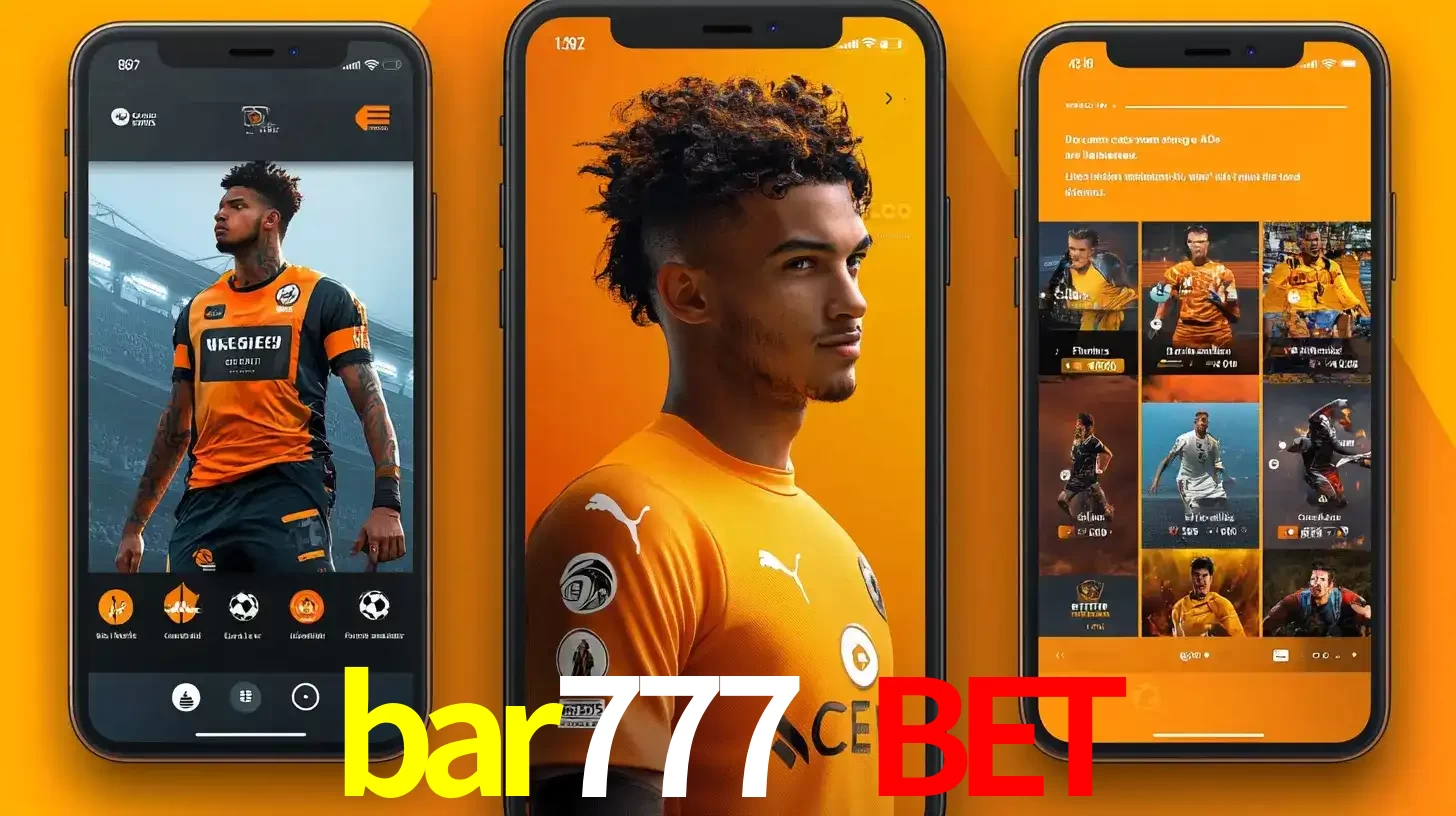 Interface do aplicativo de apostas esportivas bar777 bet em três telas de celular, mostrando o perfil de um jogador de futebol e a lista de jogos disponíveis para apostar.