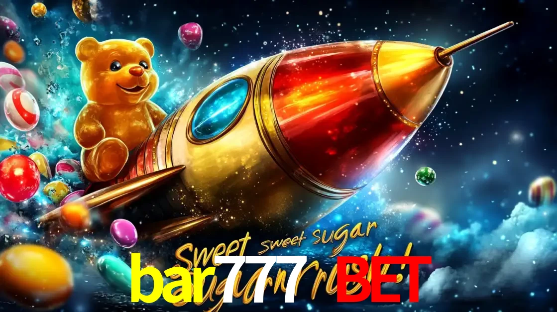 Arte promocional do jogo de slot Sugar Rush, com um urso de pelúcia em um foguete viajando pelo espaço de doces, um dos jogos divertidos disponíveis no cassino bar777 bet.