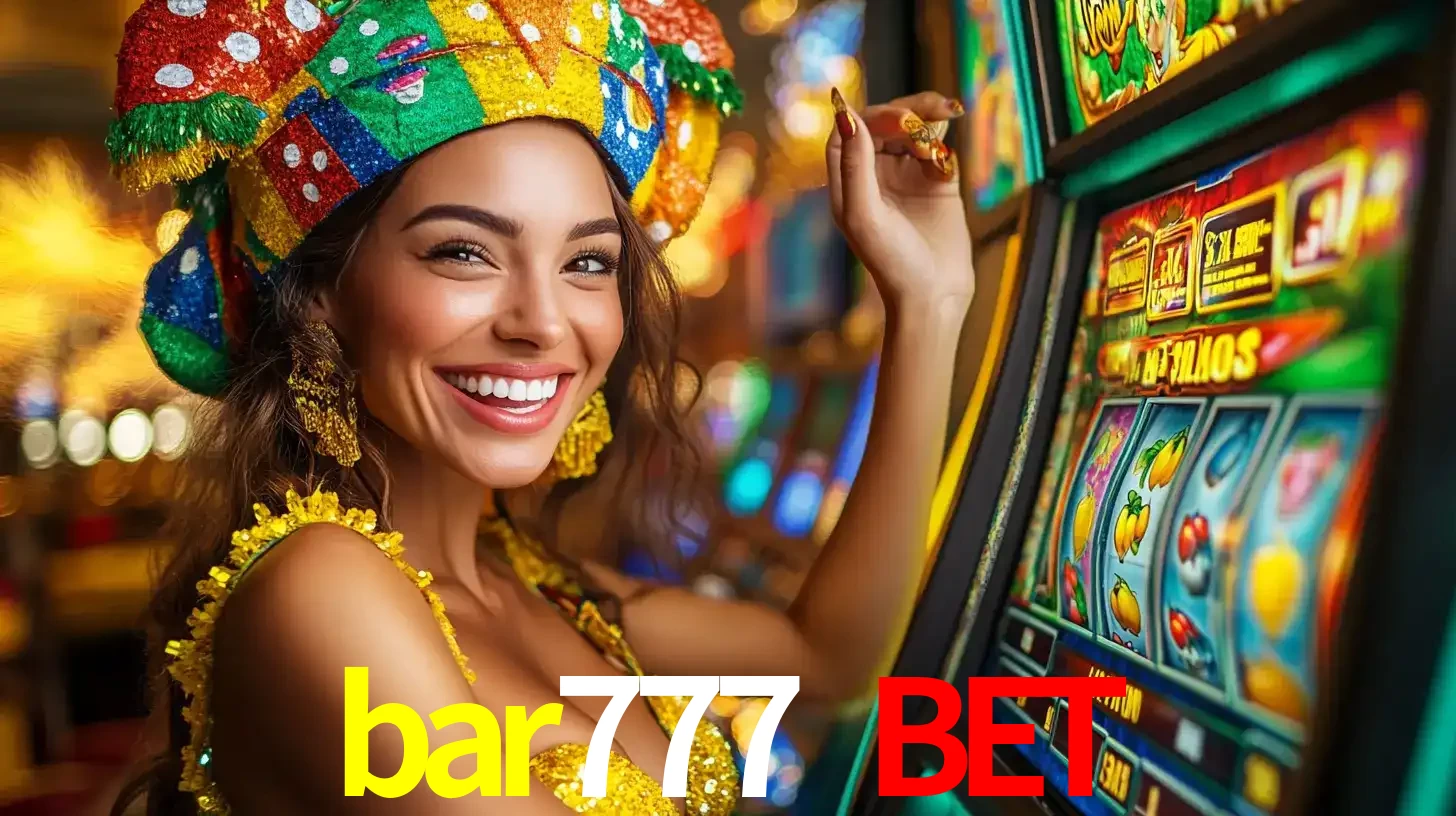 Mulher feliz com traje de carnaval amarelo e colorido ao lado de uma máquina de caça-níqueis, aproveitando a diversão e os jogos temáticos do cassino bar777 bet.