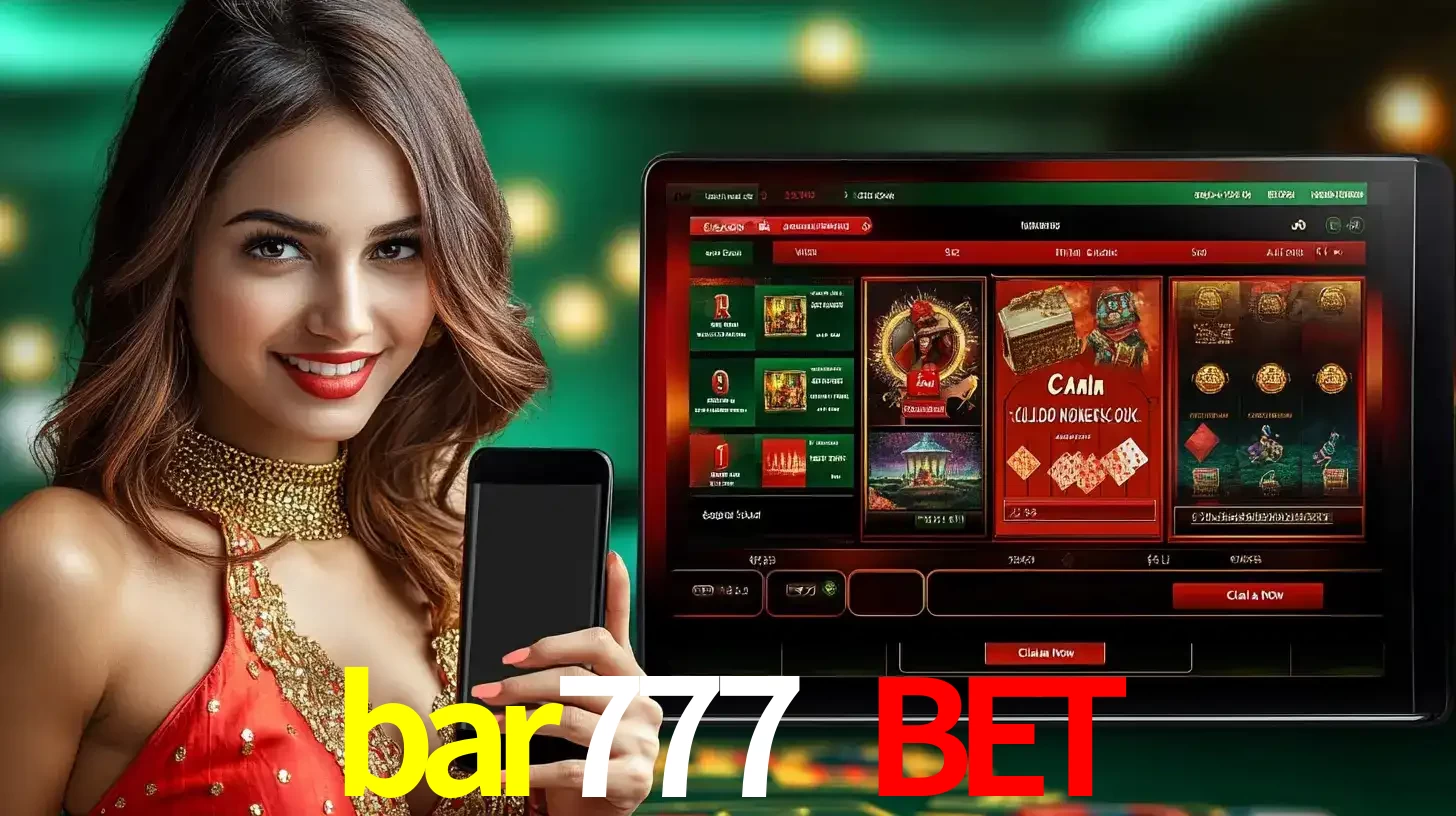 Mulher sorridente segurando um smartphone, ao lado de uma tela exibindo o lobby de jogos do cassino online bar777 bet, com várias opções de jogos de cartas e slots.